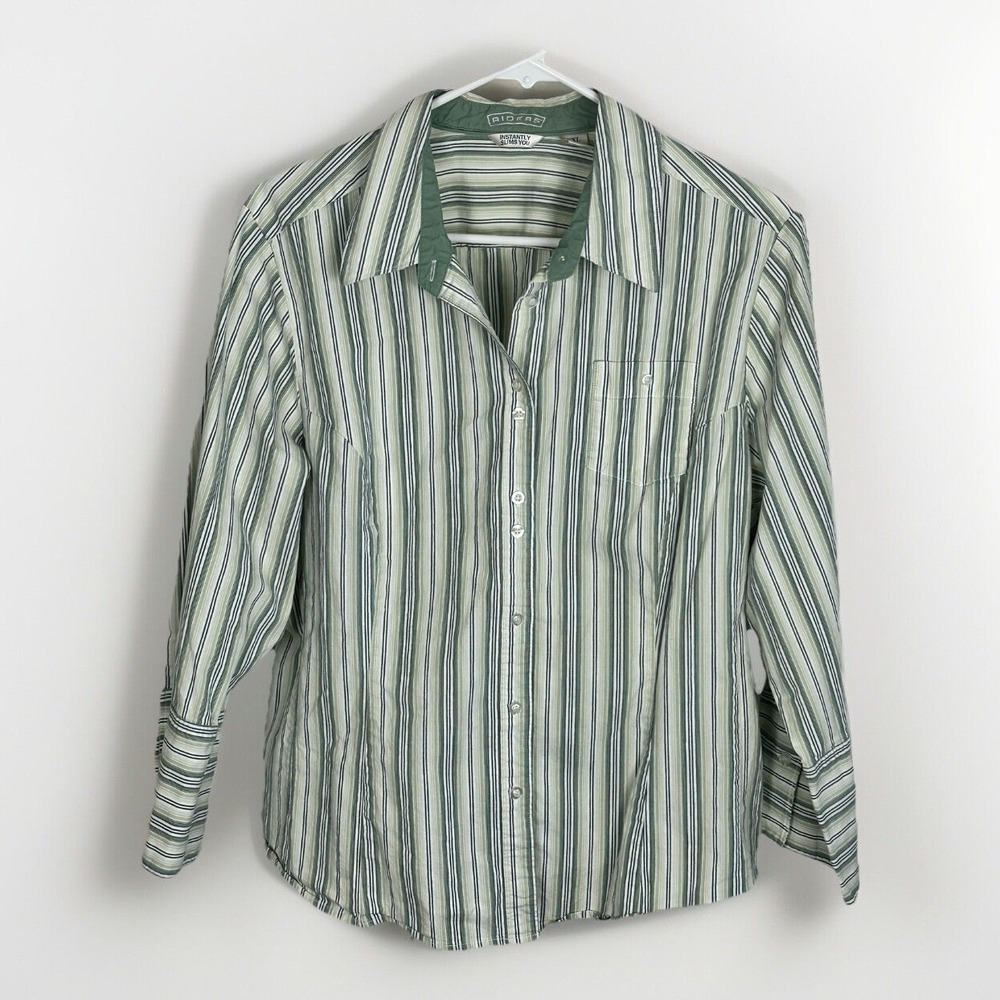 RIDERS‎ Women's XXL Blouse Green Beige Striped  Long Sleeve Button-up Collared